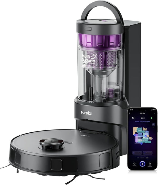 Eureka E20 Plus Robot Vacuum and Mop Combo. Robot Vacuum Cleaner with Bagless Self Emptying Station. 45-Day Capacity 8000Pa Suction and Anti Hair-Tangling Brush App Control LiDAR Navigation